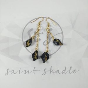 Handmade: light clay black and gold leaf earrings
